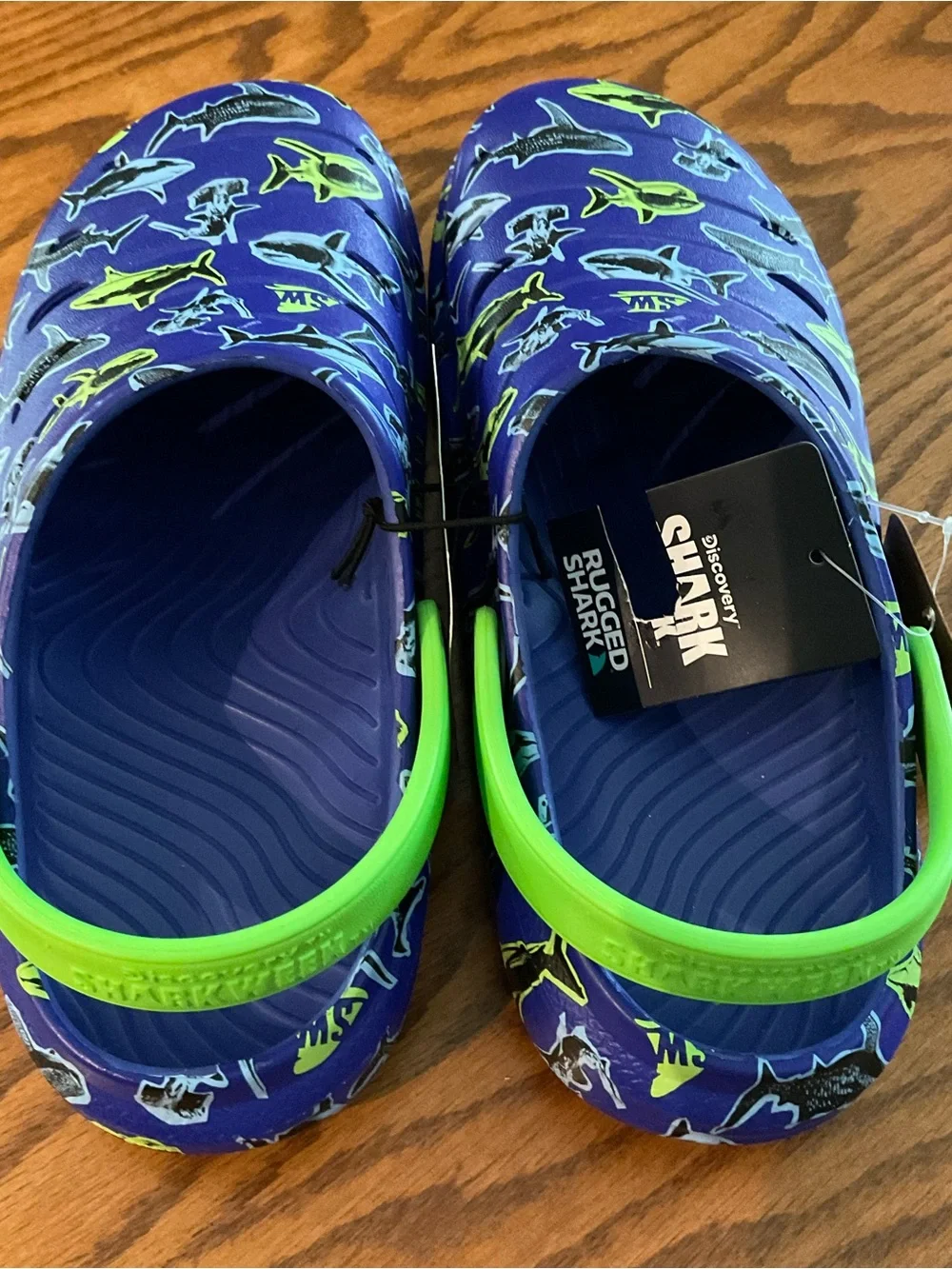 NWT Discovery Shark, Rugged Shark Slip-On Clogs, Royal Blue/Lime Green, Sz Boys